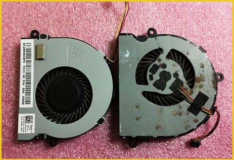 A comparison image of a new and old laptop fan for laptop fan replacement at our repair shop in Flagler County, Palm Coast, Bunnell and Flagler Beach. The new fan is clean and shiny, while the old fan appears dirty and clogged with dust and debris.